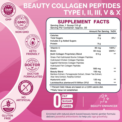 DRFOSTER Multi Collagen Peptides Powder with Beauty Complex, 35 Servings | Type I, II, III, V, X, Hydrolyzed Collagen Powder with Vitamin C & Biotin for Skin Hair Nail Joint for Women, Non-GMO