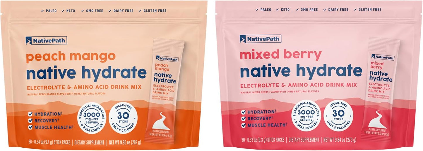 NativePath Hydrate Stick Pack Peach Mango & Mixed Berry Bundle – Zero Sugar Electrolytes with BCAAs