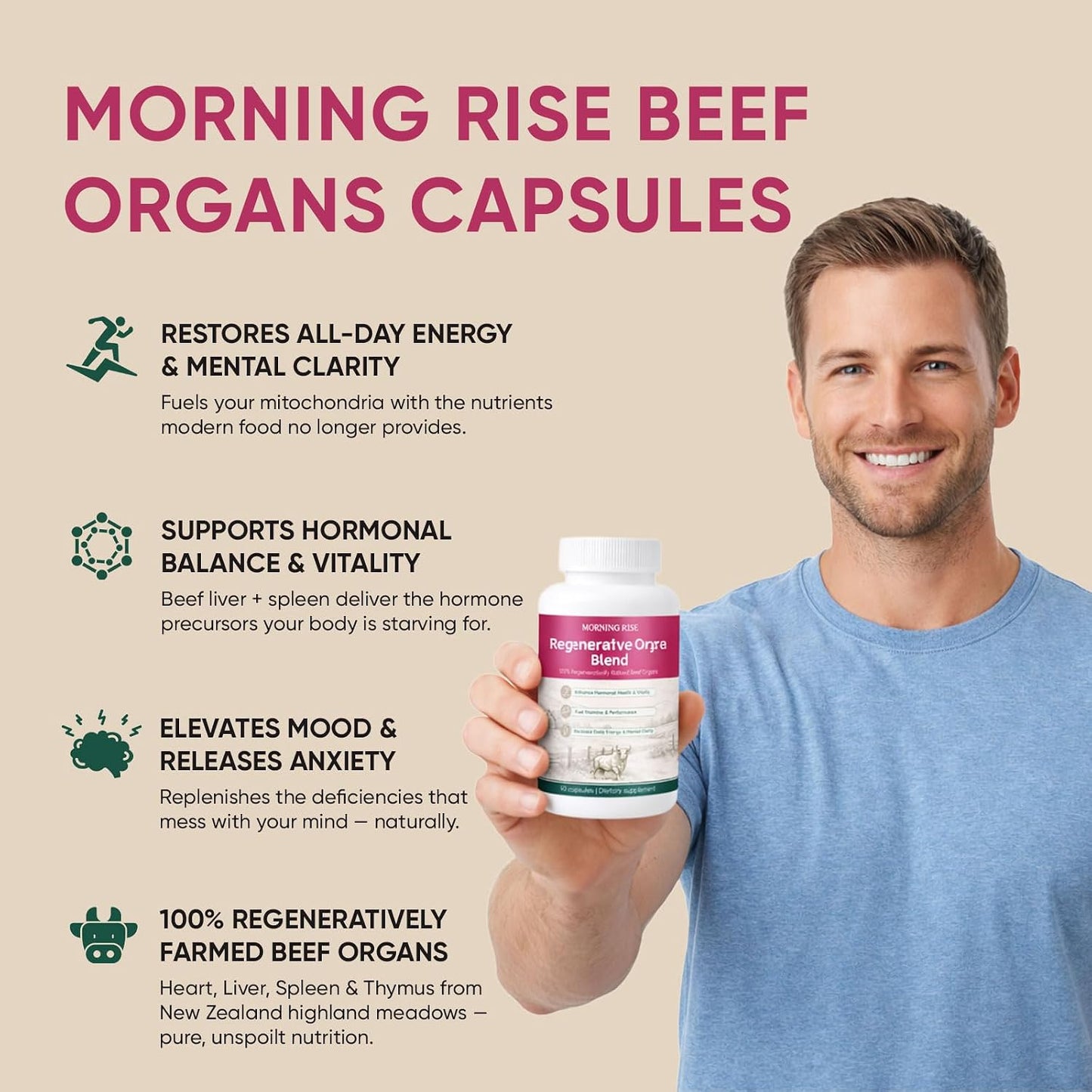 MORNING RISE Regeneratively Raised Beef Organs Capsules, Grass Fed & Pasture Raised, Gluten-Free, Non-GMO, 90 Count