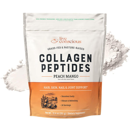 Live Conscious Collagen Peptides Powder - Naturally-Sourced Hydrolyzed Collagen Powder - Hair, Skin, Nail, and Joint Support - Type I & III Grass-Fed Collagen Supplements for Women and Men - 16oz