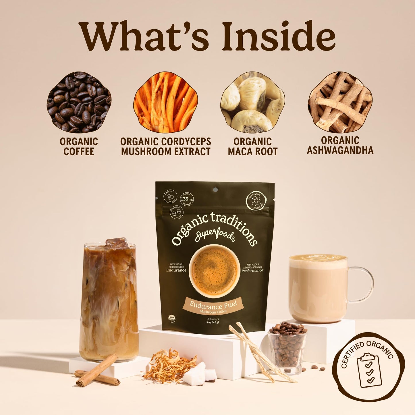 Organic Traditions Mind Fuel Instant Mushroom Coffee Alternative, Caffeine Free Lion’s Mane and Maca Herbal Drink with Dandelion, Chicory, Roasted Grain Blend, Natural Focus Support, 140g / 5oz