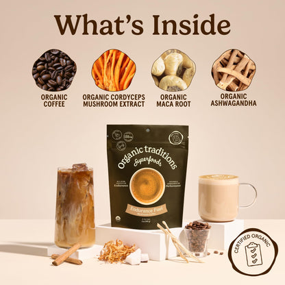 Organic Traditions Mind Fuel Instant Mushroom Coffee Alternative, Caffeine Free Lion’s Mane and Maca Herbal Drink with Dandelion, Chicory, Roasted Grain Blend, Natural Focus Support, 140g / 5oz