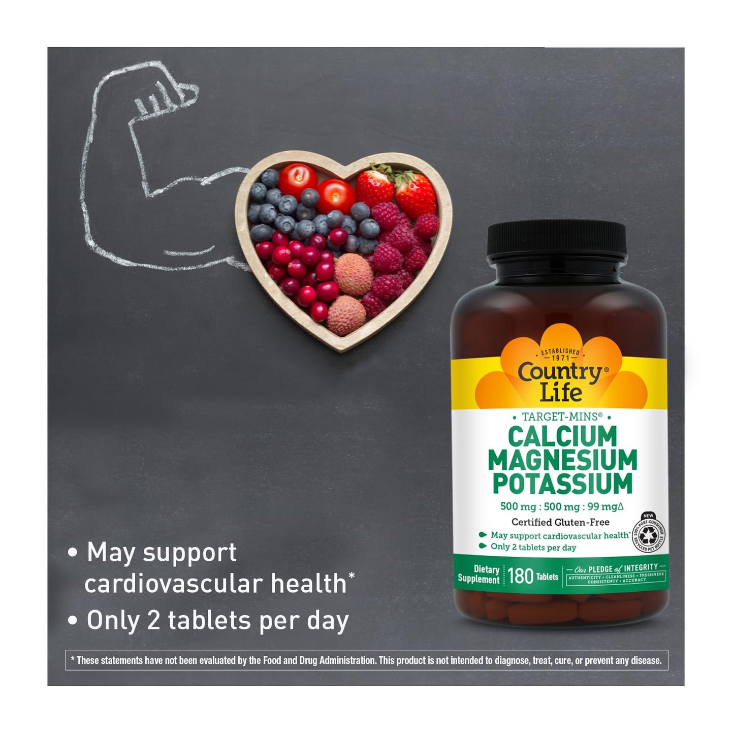 Country Life Target Mins - Calcium Magnesium Potassium Bone & Heart Health Supplement, 1000mg Calcium, 500mg Magnesium, Supports Calcium Utilization, 180 Tablets – Certified Gluten Free & Vegan