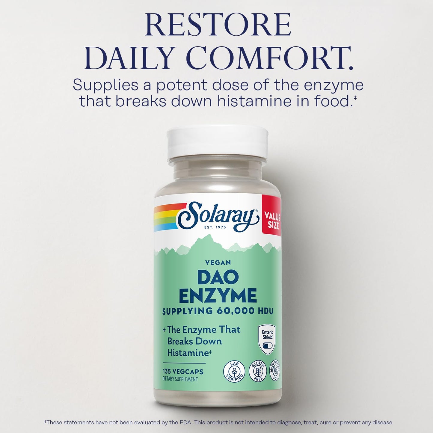 SOLARAY DAO Enzyme - Digestive Enzyme that Breaks Down Histamine - 60,000 HDU - Digestive Enzymes - Vegan, Gluten Free, Lab Verified - 30 Servings, 30 VegCaps