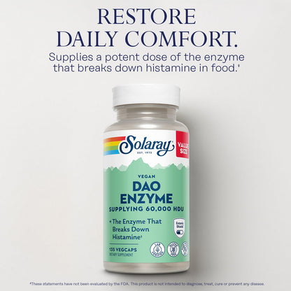 SOLARAY DAO Enzyme - Digestive Enzyme that Breaks Down Histamine - 60,000 HDU - Digestive Enzymes - Vegan, Gluten Free, Lab Verified - 30 Servings, 30 VegCaps