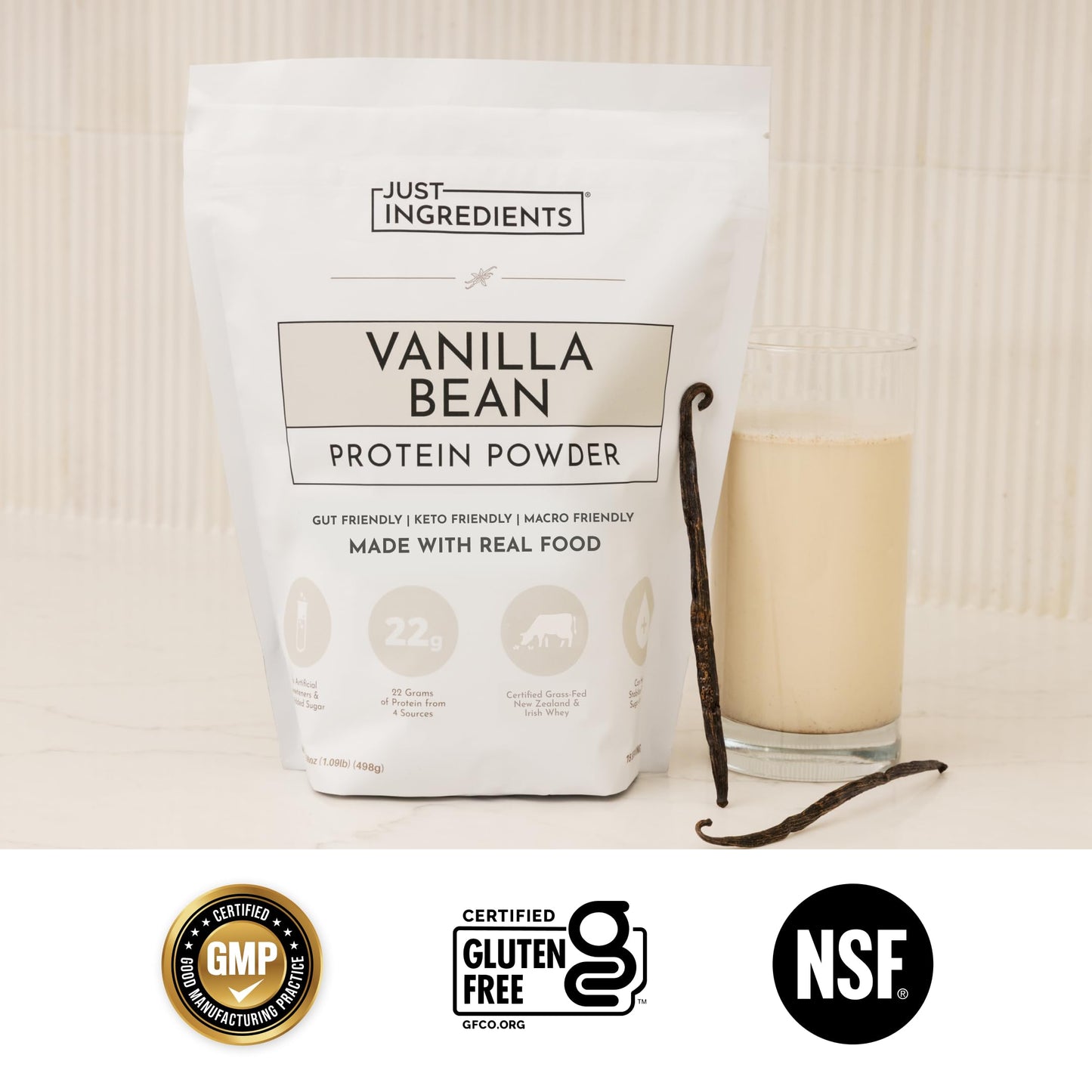 JUST INGREDIENTS Vanilla Bean Protein Powder – 20-Serving Blend with 100% Grass-Fed Whey & Organic Plant Proteins – Real Vanilla Bean & Cinnamon – Supports Muscle Recovery, Energy*