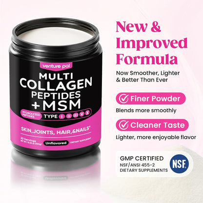 Multi Collagen Powder Type I II III V X, Hydrolyzed Collagen Peptides | With MSM, Glucosamine Chondroitin, Hyaluronic Acid & Vitamin C to Support Skin, Hair, Nails & Joint Health, Unflavored
