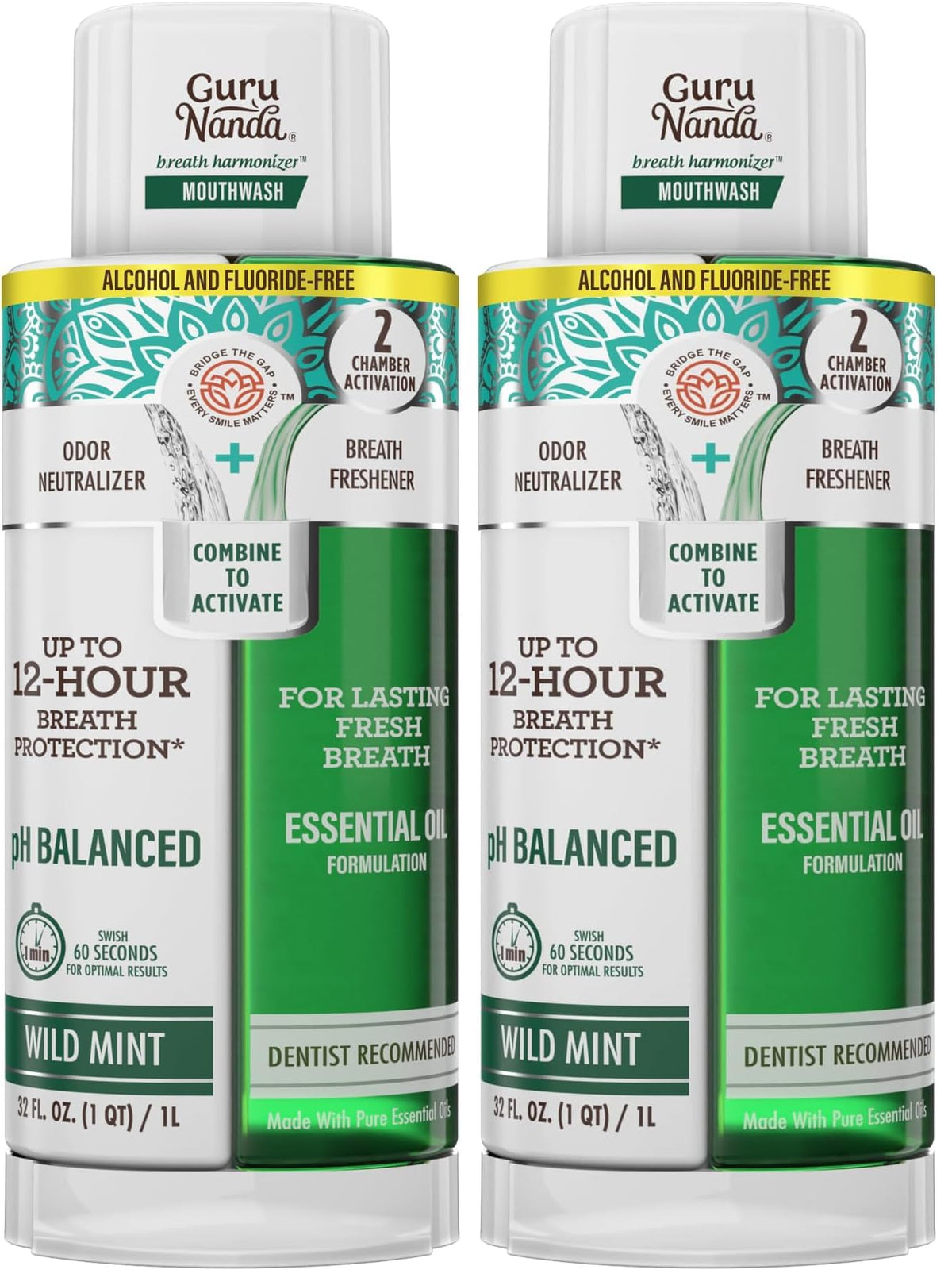GuruNanda Dual Barrel Fresh Breath Mouthwash with Xylitol, Mint, 3x20 oz