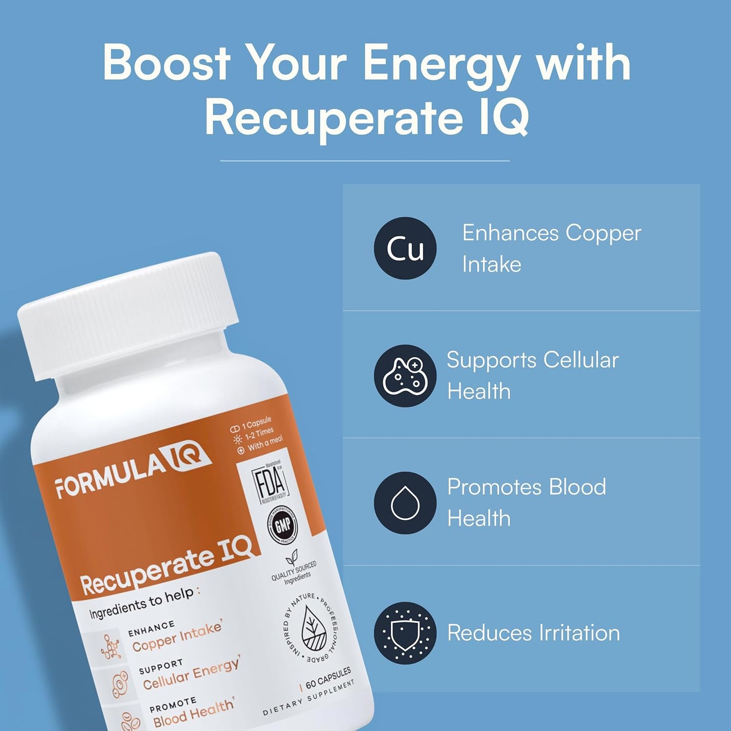 Formula IQ - Recuperate IQ - 5-in-1 Copper Supplements with Copper Bisglycinate - Easy-to-Swallow 2 mg Capsules - High Absorption, Boosts Energy - 60 Capsules