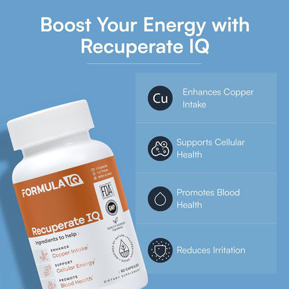 Formula IQ - Recuperate IQ - 5-in-1 Copper Supplements with Copper Bisglycinate - Easy-to-Swallow 2 mg Capsules - High Absorption, Boosts Energy - 60 Capsules