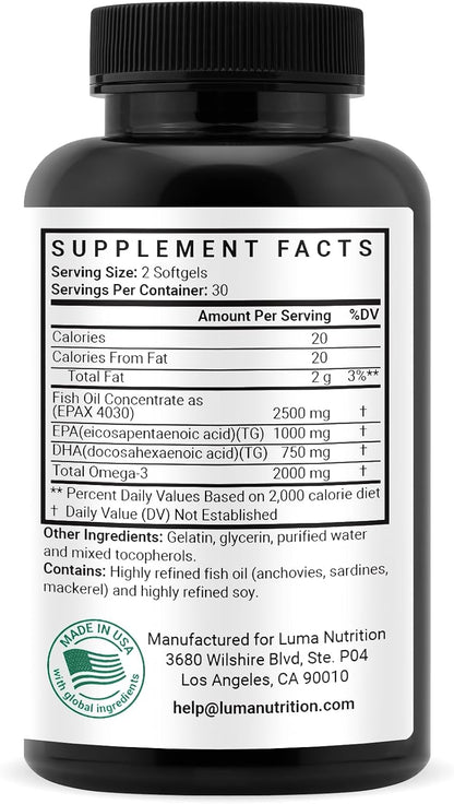 Luma Nutrition Omega 3 Fish Oil Supplement 2500mg - 60 Softgels