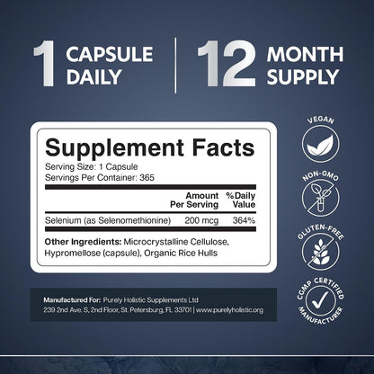Selenium 200mcg Capsules, 1 Year Supply, Yeast-Free Selenomethionine, Vegan | Immune Antioxidant and Thyroid Health Support, Selenium Supplements for Women and Men, Gluten-Free & Non-GMO, 365 Capsules