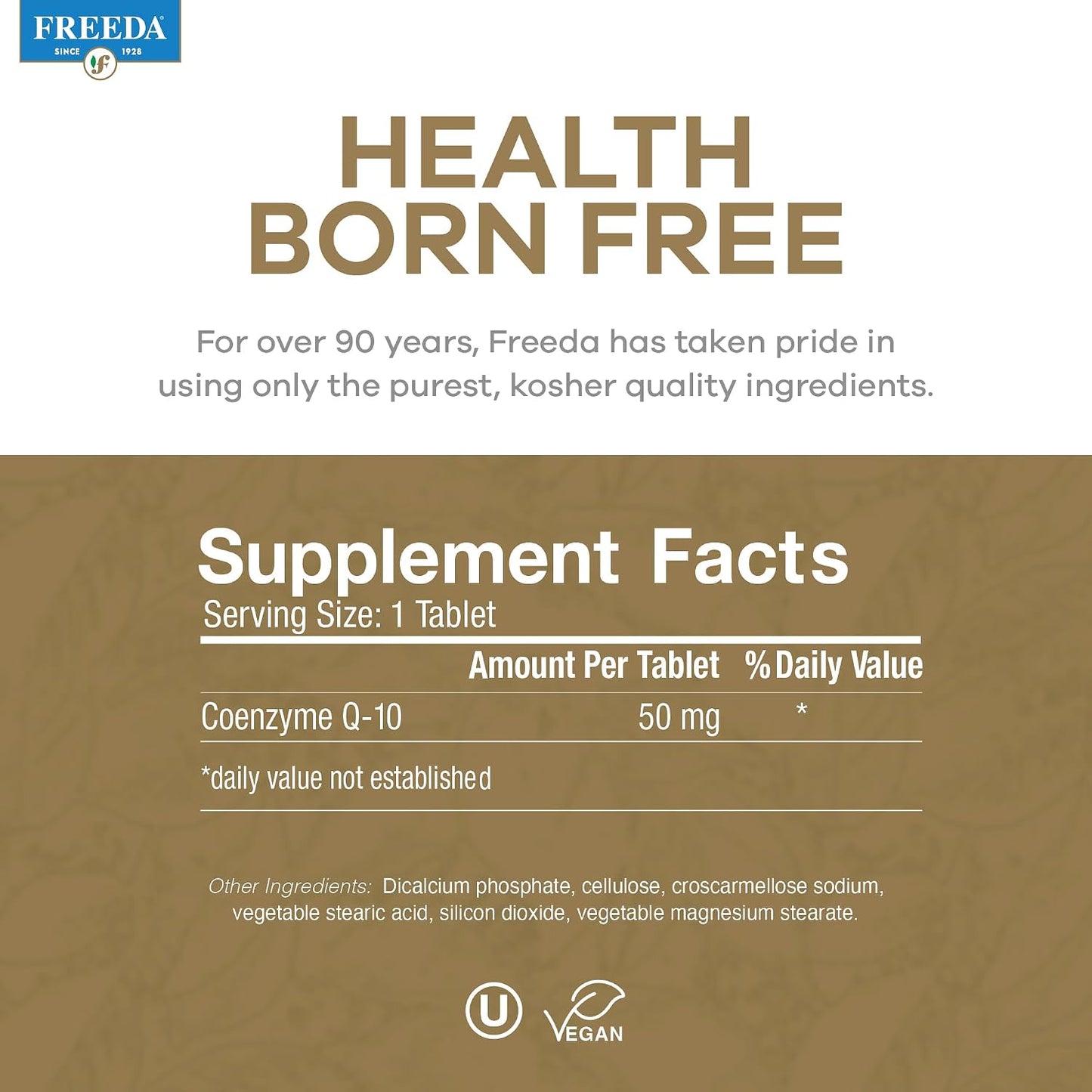 FREEDA CoQ10 50mg Vegan Coenzyme Q10 Supplement - 50 Count | Vegan Coq10 Supplement with 50mg Pure Ubiquinone to Support Cardiovascular Wellness, Healthy Aging, Gum Health