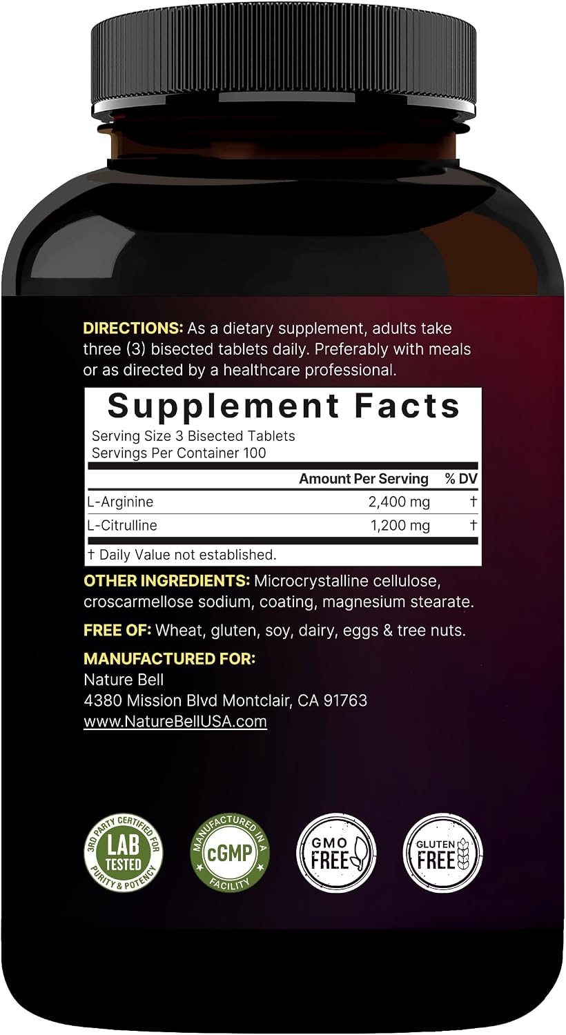 NatureBell Nitric Oxide Supplement for Men & Women – Pre-Workout Formula with L-Arginine & L-Citrulline – 3,600mg, 300 Bisected Tablets (100 Servings) – Max Strength – Non-GMO, Gluten Free*