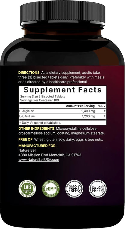 NatureBell Nitric Oxide Supplement for Men & Women – Pre-Workout Formula with L-Arginine & L-Citrulline – 3,600mg, 300 Bisected Tablets (100 Servings) – Max Strength – Non-GMO, Gluten Free*