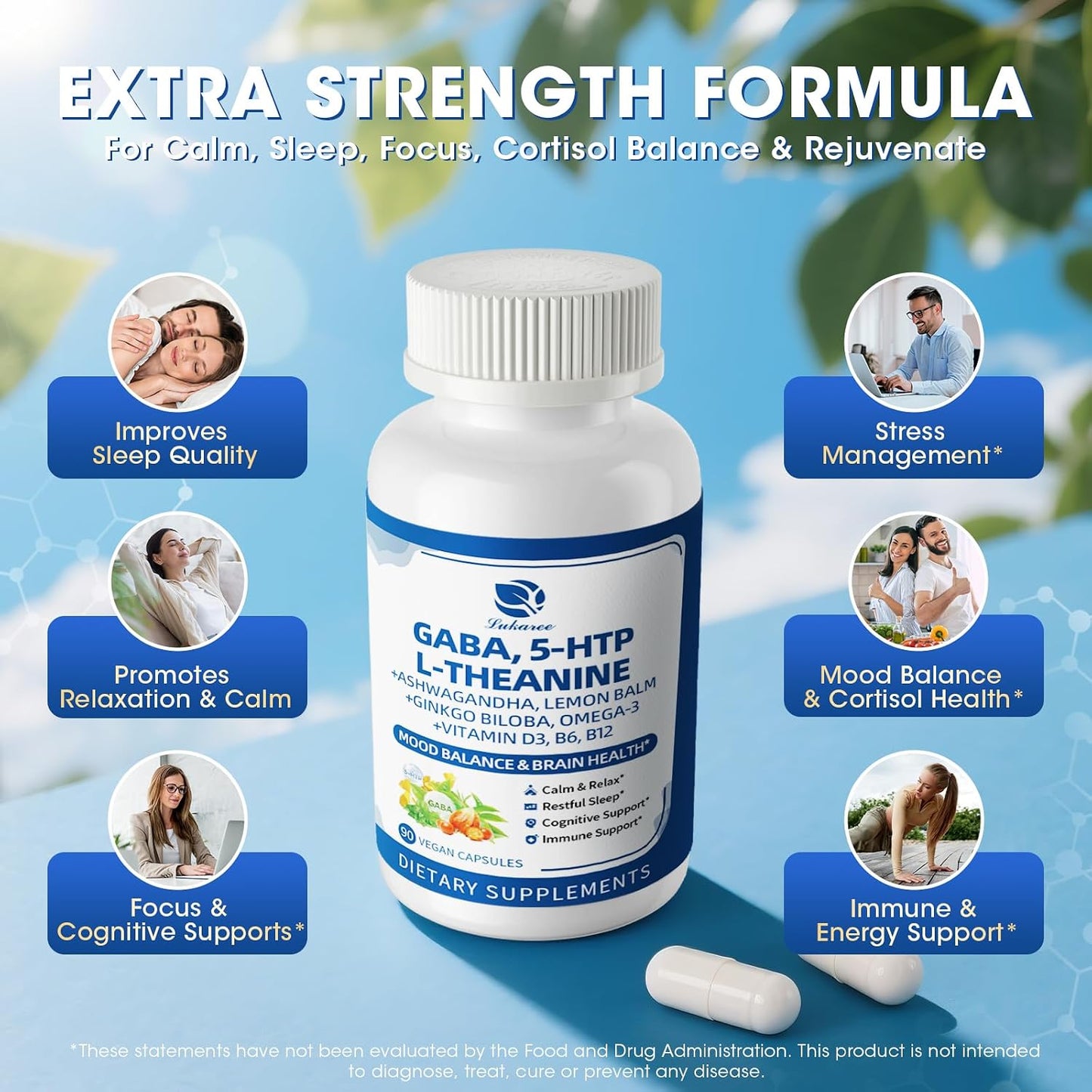 GABA Supplements 750mg with L-Theanine & Ashwagandha for Calm & Sleep 90CT | 10 in 1 Calm Capsules with 5HTP, Lemon Balm, Ginkgo Biloba, Omega-3 for Relaxation, Focus, Mood Support, Cortisol Balance