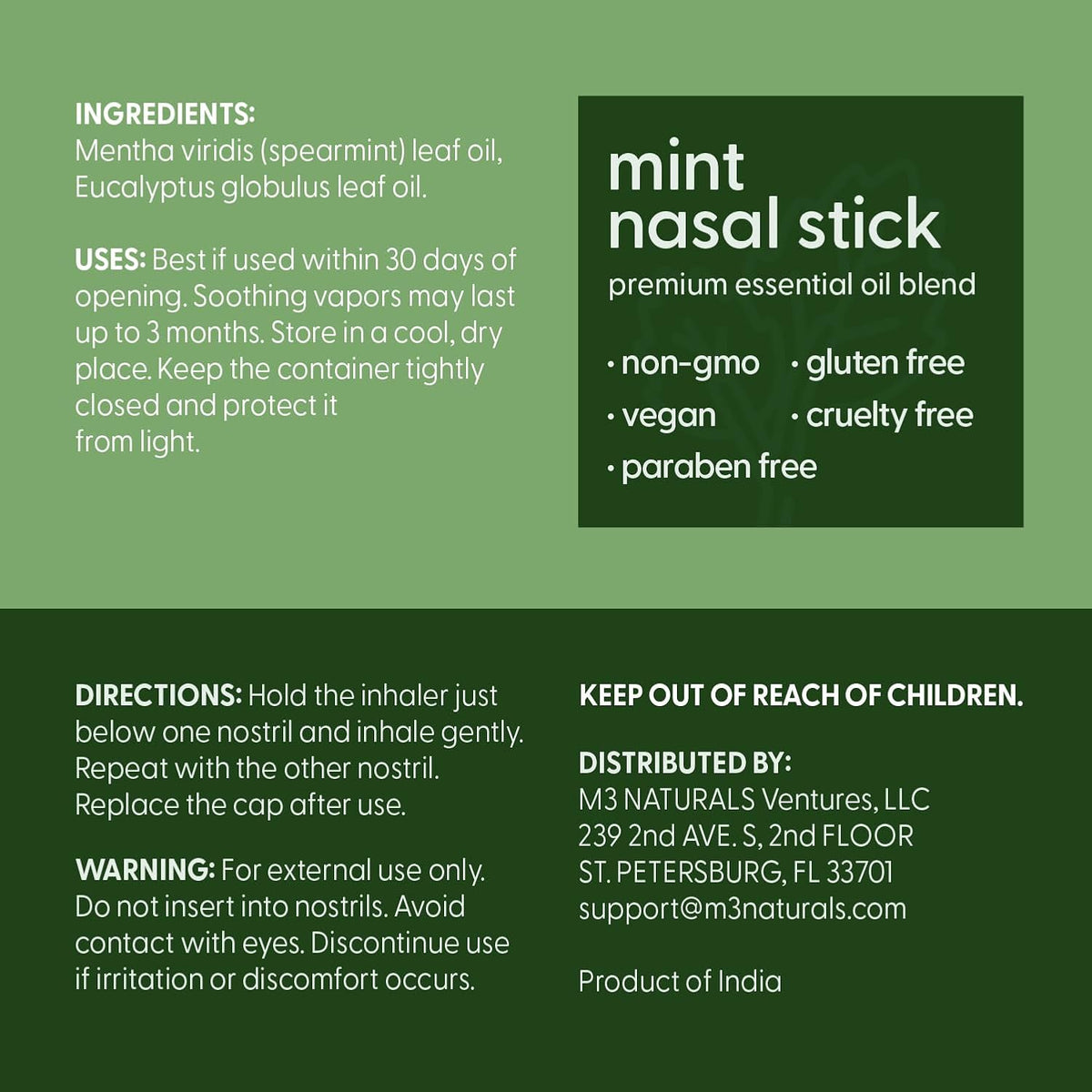Mint Nasal Stick, Nasal Inhaler, Essential Oil Aromatherapy, 4 Sticks by M3