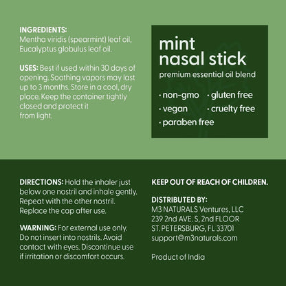 Mint Nasal Stick, Nasal Inhaler, Essential Oil Aromatherapy, 4 Sticks by M3