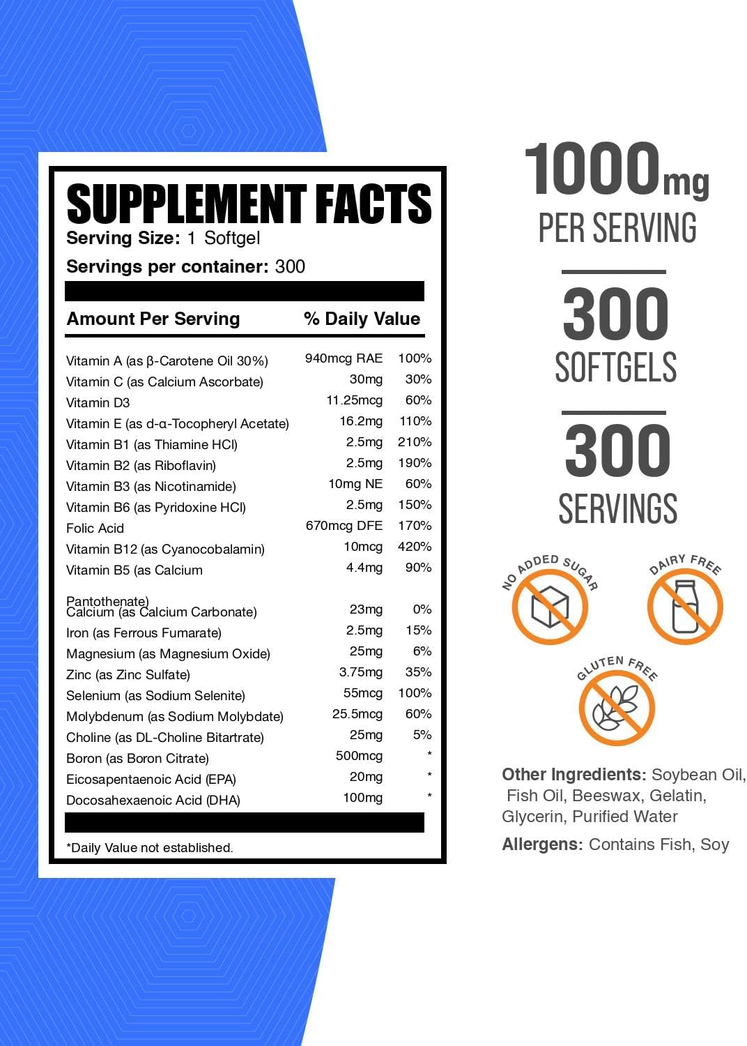 BulkSupplements.com Multivitamin for Men Softgels - Daily Multivitamin Supplement, Multimineral for Men with Fish Oil - Gluten Free, 1 Softgel per Serving (1000mg), 300 Count (Pack of 1)