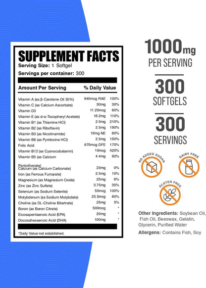 BulkSupplements.com Multivitamin for Men Softgels - Daily Multivitamin Supplement, Multimineral for Men with Fish Oil - Gluten Free, 1 Softgel per Serving (1000mg), 300 Count (Pack of 1)