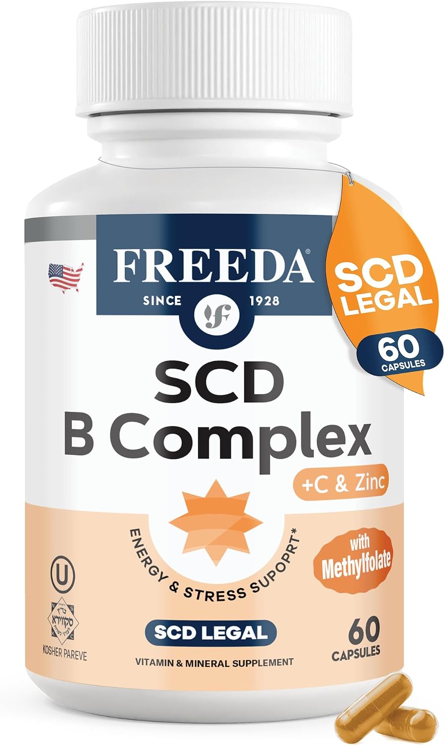 FREEDA Vitamin B Complex with Vitamin C & Zinc – 60 Capsules | Supports Energy & Metabolism with Active B12, Methylfolate, B1–B6, Biotin, Choline - Vegan, Kosher, SCD Legal