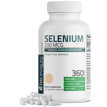 Bronson Selenium 200 mcg Albion Chelated Amino Acid Complex, 250 Capsules | Yeast-Free Essential Trace Mineral, Immune, Prostate & Metabolism Support, Vegetarian, Non-GMO, Gluten-Free & Soy-Free