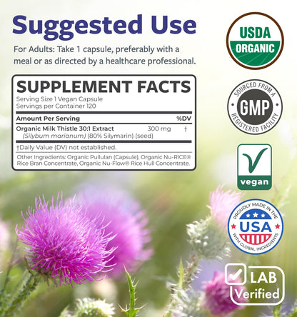 USDA Organic Milk Thistle Capsules - 80% Silymarin Supplement for Liver Support- Super Concentrated 300mg of 30:1 Milk Thistle Extract Equivalent to 9,000mg - Milk Thistle Liver Detox 60 Day Supply