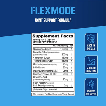 High Absorption Joint Support Supplement - Evlution FLEXMODE Joint Supplement with Advanced Joint Vitamins Including Glucosamine Chondroitin MSM Boswellia and Hyaluronic Acid - 30 Servings