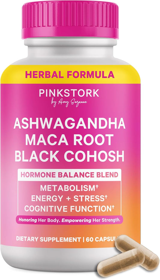 Pink Stork Ashwagandha, Maca Root & Black Cohosh Supplement, 60 Caps | Perimenopause + Hormone Support For Women, Mood & Stress Support, Adrenal & Cortisol Support