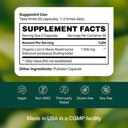 Lions Mane Mushroom Capsules Strongest 1500mg at Special Launch Price - Organic Powder Vegan Friendly Supplement - Brain, Nerve & Immune System Function Benefits - Powerful Superfood - Non GMO