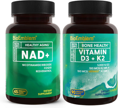 BioEmblem Vitamin D3 K2 Capsules (5000IU and 200mcg) and NAD+ Supplement