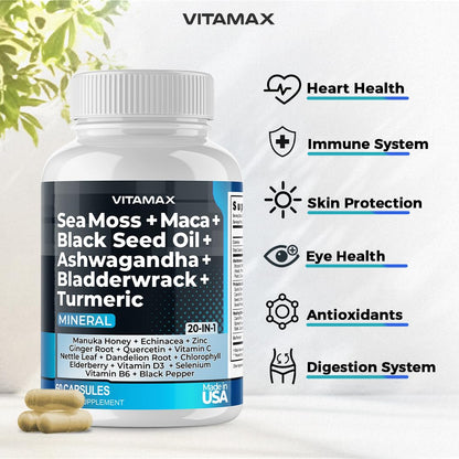 Sea Moss, Maca, Black Seed Oil, Ashwagandha, Bladderwrack, Turmeric