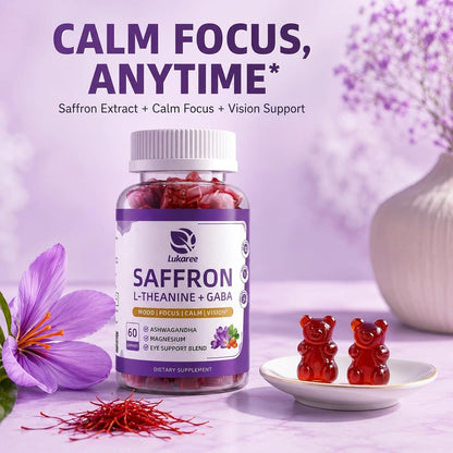 Saffron Gummies 88.5mg with L-Theanine 200mg, GABA for Mood, Focus & Vision | 10-in-1 Supplements for Adults with Ashwagandha, Eye Support Blend, GMP Certified, Sugar Free, Vegan, 60 Day Supply