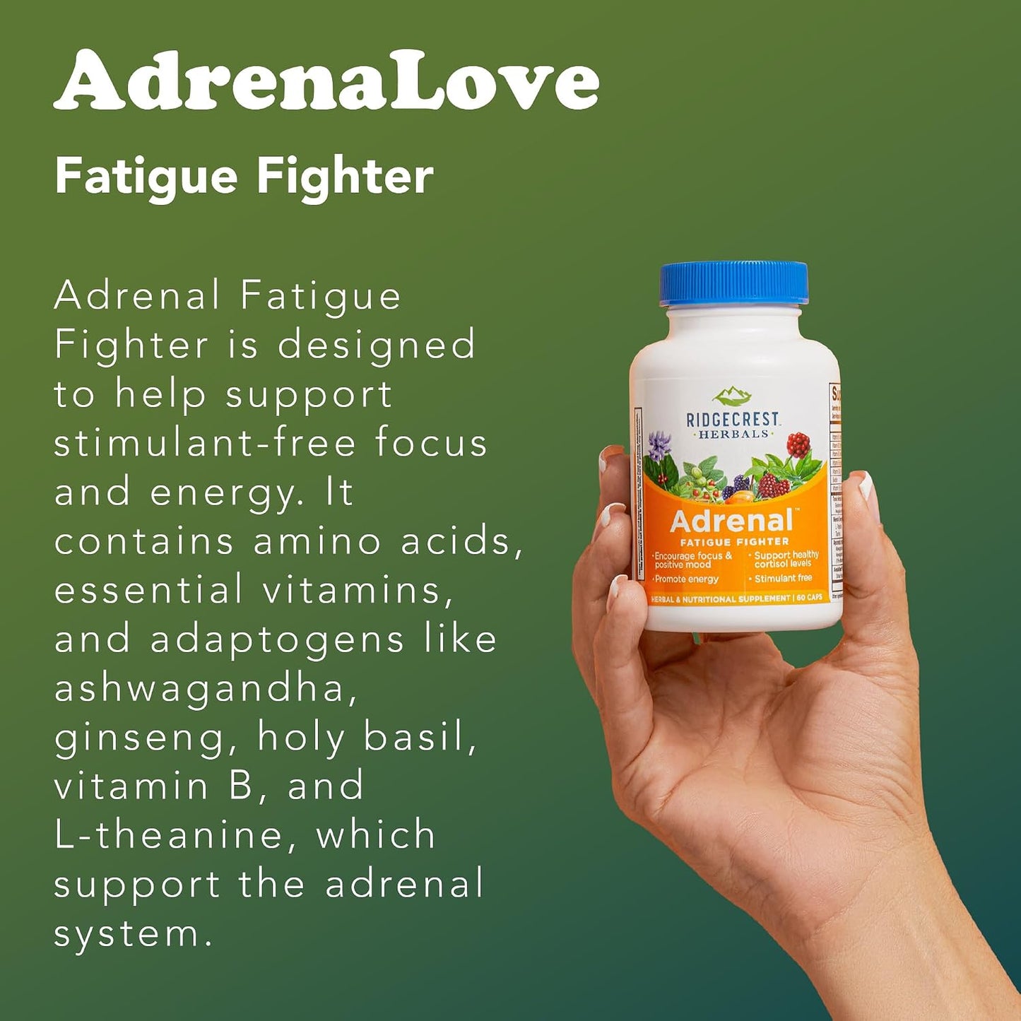 RidgeCrest Herbals AdrenaLove Adrenal Stress and Energy Support 60 Ct | 30 Servings, Vegan Capsules, Ashwagandha Blend, Natural Energy and Mood Support, Adaptogen Formula, Cortisol Balance