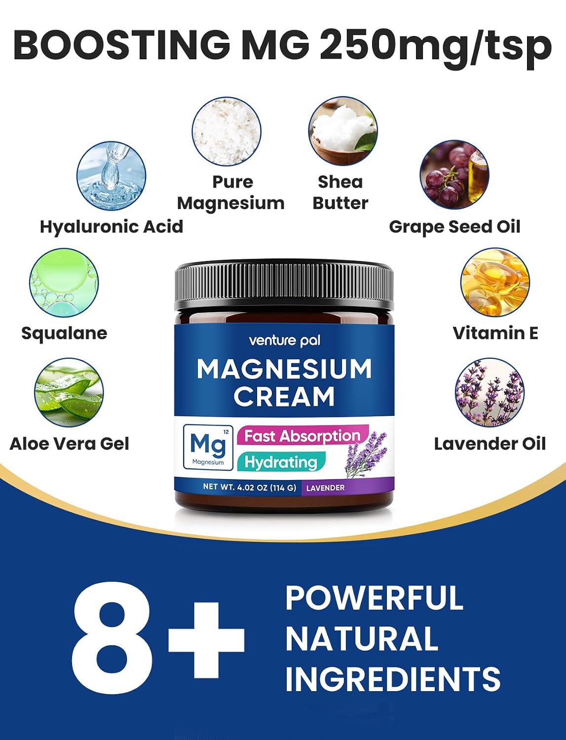 Venture Pal Topical Magnesium Cream, Highly Concentrated Magnesium Lotion | Fast-Absorbing Magnesium Moisturizing Cream with Coconut Oil, Shea Butter & Hyaluronic Acid; Suitable for Kids