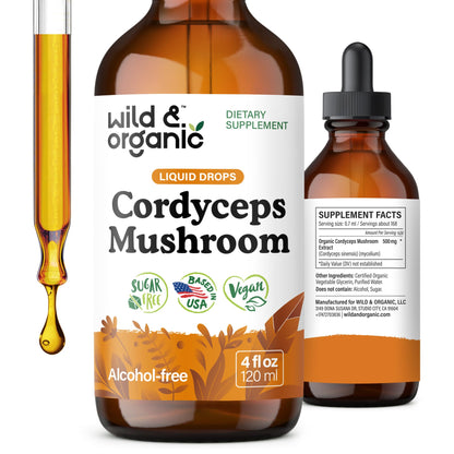 Wild & Organic Cordyceps Mushroom Tincture - Energy & Immune Support - Cordyceps Sinensis Extract Supplement - Liquid Mushroom Drops - Add to Tea & Mix with Powder - Sugar & Alcohol-Free - 4 fl oz