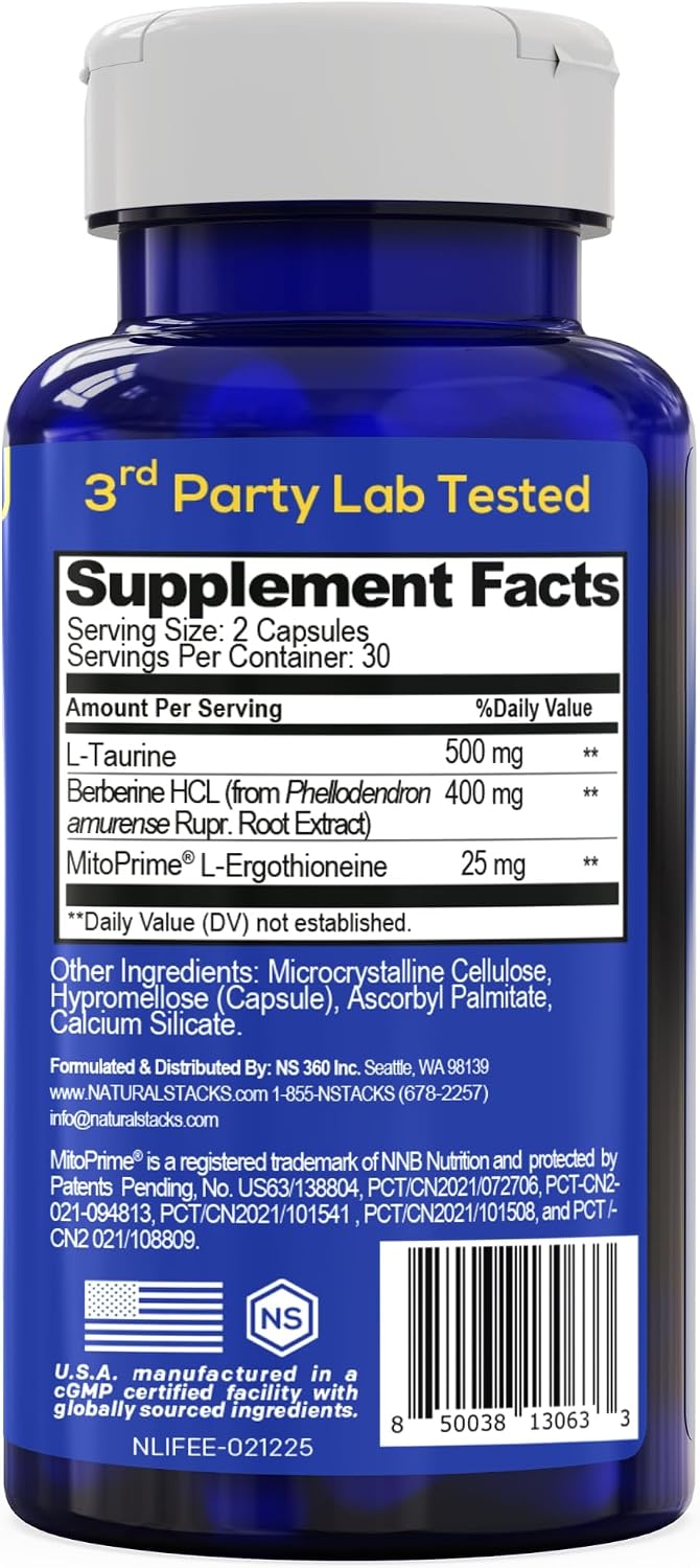 NeuroLife Longevity Supplement With Taurine And Berberine, 60 Capsules | 500mg taurine, 400mg berberine and MitoPrime L-Ergothioneine support cellular health and cognitive vitality.