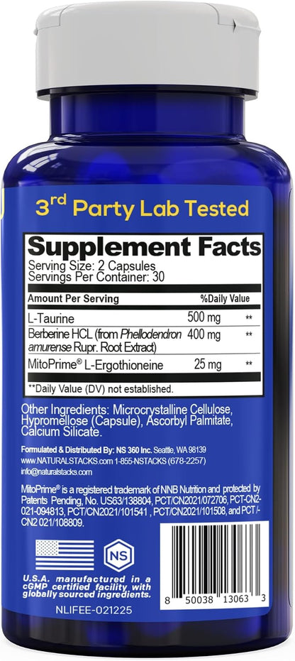 NeuroLife Longevity Supplement With Taurine And Berberine, 60 Capsules | 500mg taurine, 400mg berberine and MitoPrime L-Ergothioneine support cellular health and cognitive vitality.