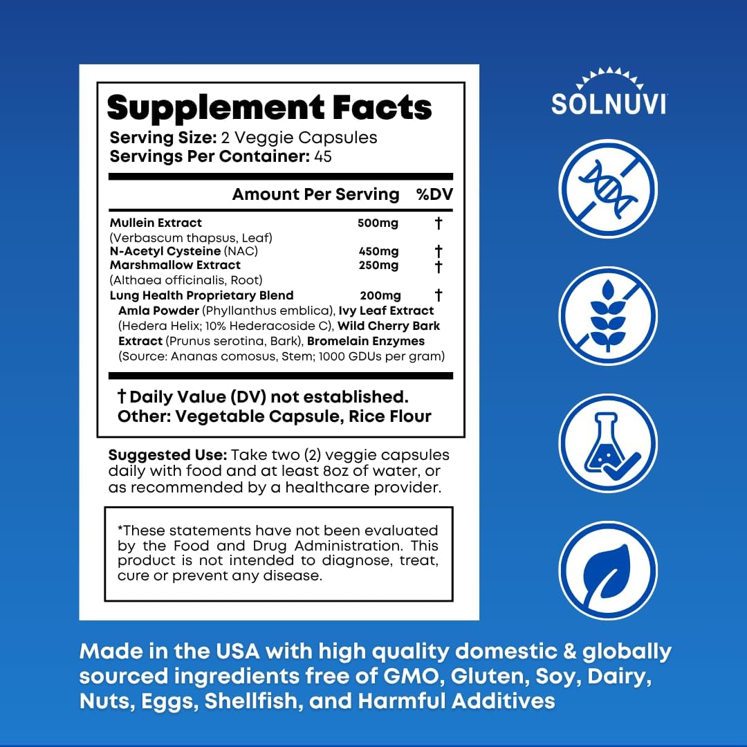 Mullein Leaf Extract & NAC Lung Detox Cleanse- N-Acetyl Cysteine, Marshmallow Root, Bromelain - Lung Health, Sinus, Mucus Removal Support Supplement for Smokers - 90 Capsules, Non-GMO, Gluten-Free