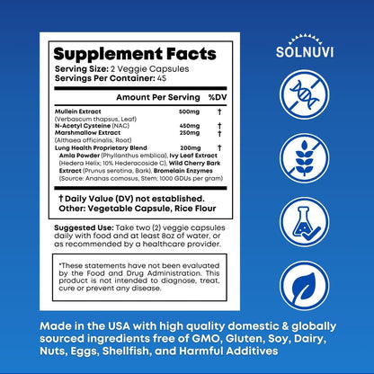 Mullein Leaf Extract & NAC Lung Detox Cleanse- N-Acetyl Cysteine, Marshmallow Root, Bromelain - Lung Health, Sinus, Mucus Removal Support Supplement for Smokers - 90 Capsules, Non-GMO, Gluten-Free