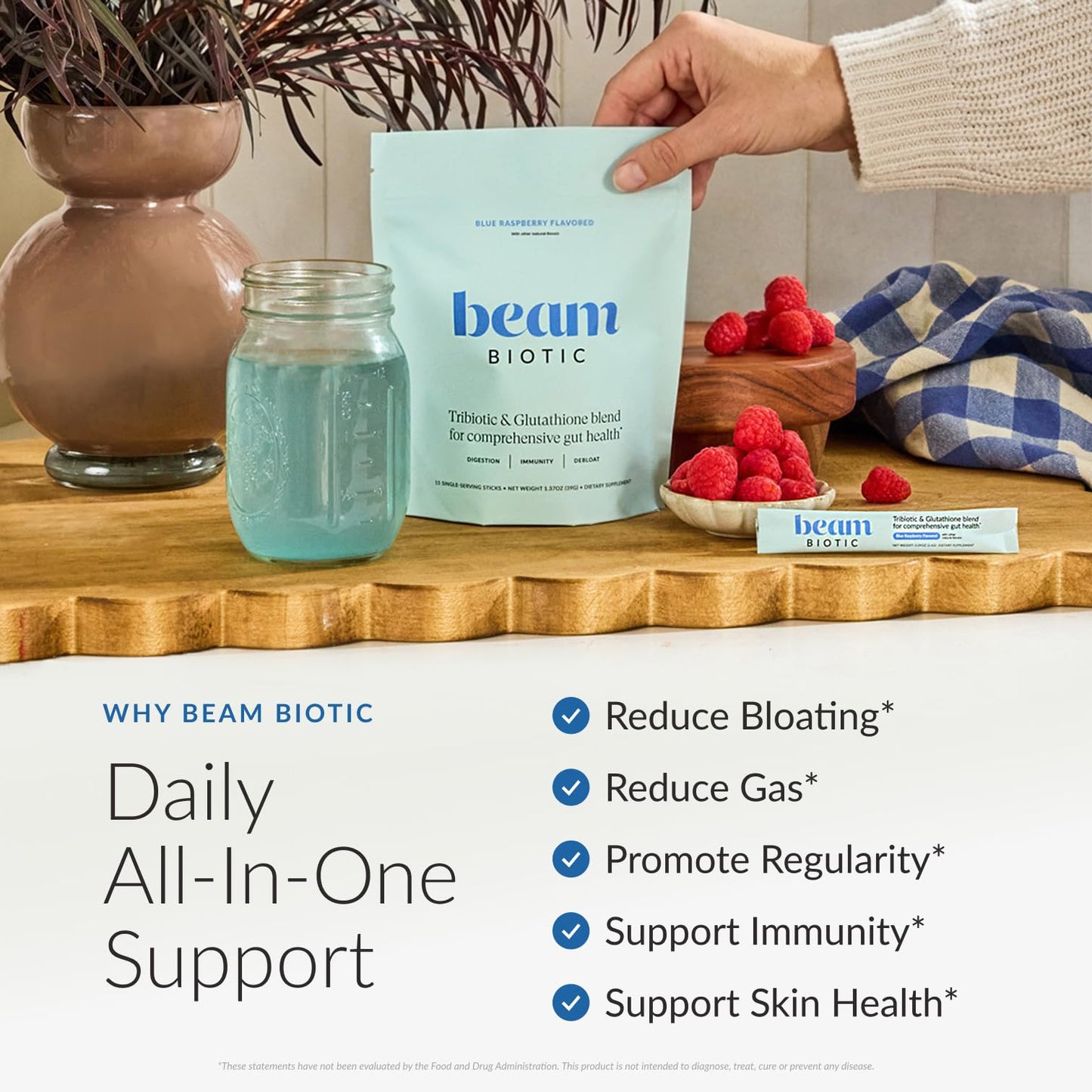 BEAM Biotic Probiotics for Women & Men – Gut Health for Women & Men, Digestive Health with Pre, Pro & Postbiotics + Glutathione, Daily Probiotic Drink for Bloating Relief, Blue Raspberry, 15 Servings