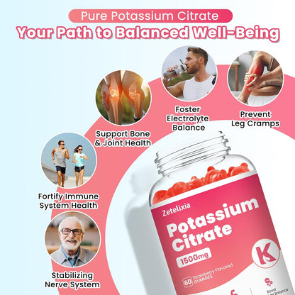 2 Pack Potassium Gummies for Adults Women & Men, Potassium Citrate Supplement, Support Leg Cramps, Muscle Health & Electrolyte Balance, Sugar Free, Organic, Vegan, Strawberry, 120 Cts