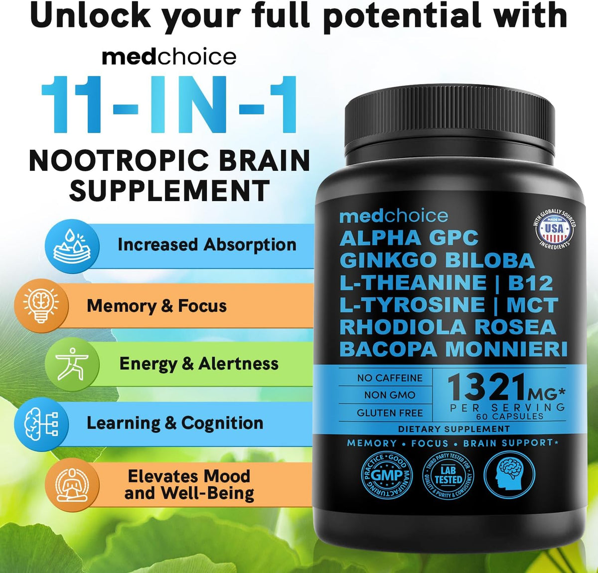 MEDCHOICE 11-in-1 Nootropic Brain Supplement, Non-Caffeinated, 60ct