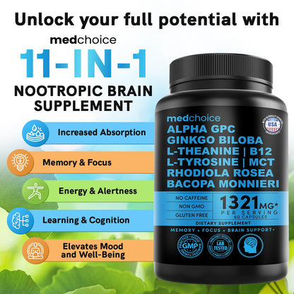 MEDCHOICE 11-in-1 Nootropic Brain Supplement, Non-Caffeinated, 60ct