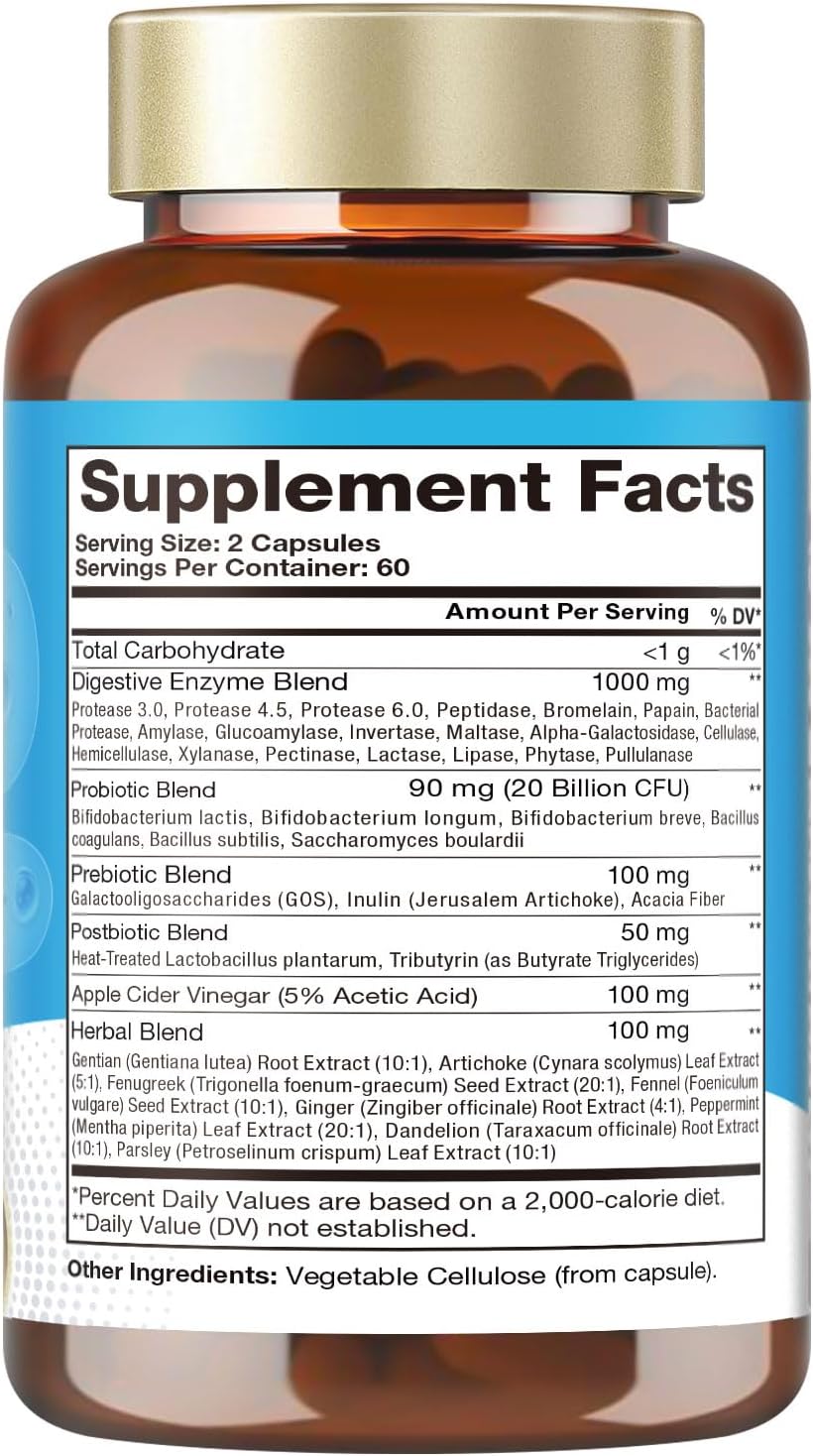 Digestive Enzymes Pro Max 1000mg, 25-in-1 with Apple Cider Vinegar, Probiotics, Prebiotics, Postbiotics, Bromelain, Papain, Lactase, Gentian, Artichoke, Ginger for Digestion, Bloating & Gut, 120 Caps