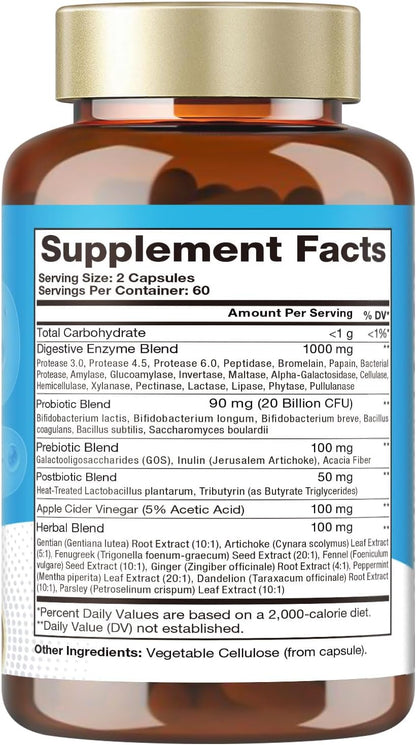 Digestive Enzymes Pro Max 1000mg, 25-in-1 with Apple Cider Vinegar, Probiotics, Prebiotics, Postbiotics, Bromelain, Papain, Lactase, Gentian, Artichoke, Ginger for Digestion, Bloating & Gut, 120 Caps