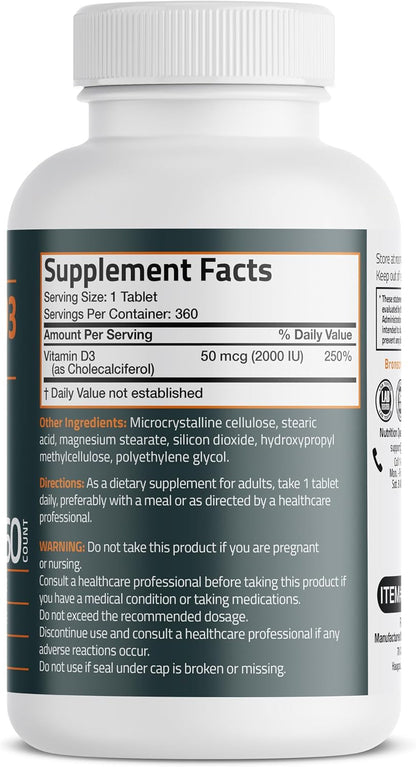Bronson Vitamin D3 2000 IU (50mcg) Non-GMO, 360 Tablets