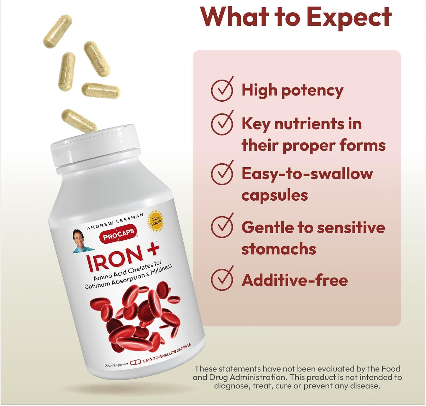 Andrew Lessman ProCaps Iron Plus 18mg Chelated Iron 90 Capsules | Gentle amino acid chelated iron with Vitamin C to support absorption. Non-acidic and easy on the stomach.