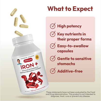 Andrew Lessman ProCaps Iron Plus 18mg Chelated Iron 90 Capsules | Gentle amino acid chelated iron with Vitamin C to support absorption. Non-acidic and easy on the stomach.