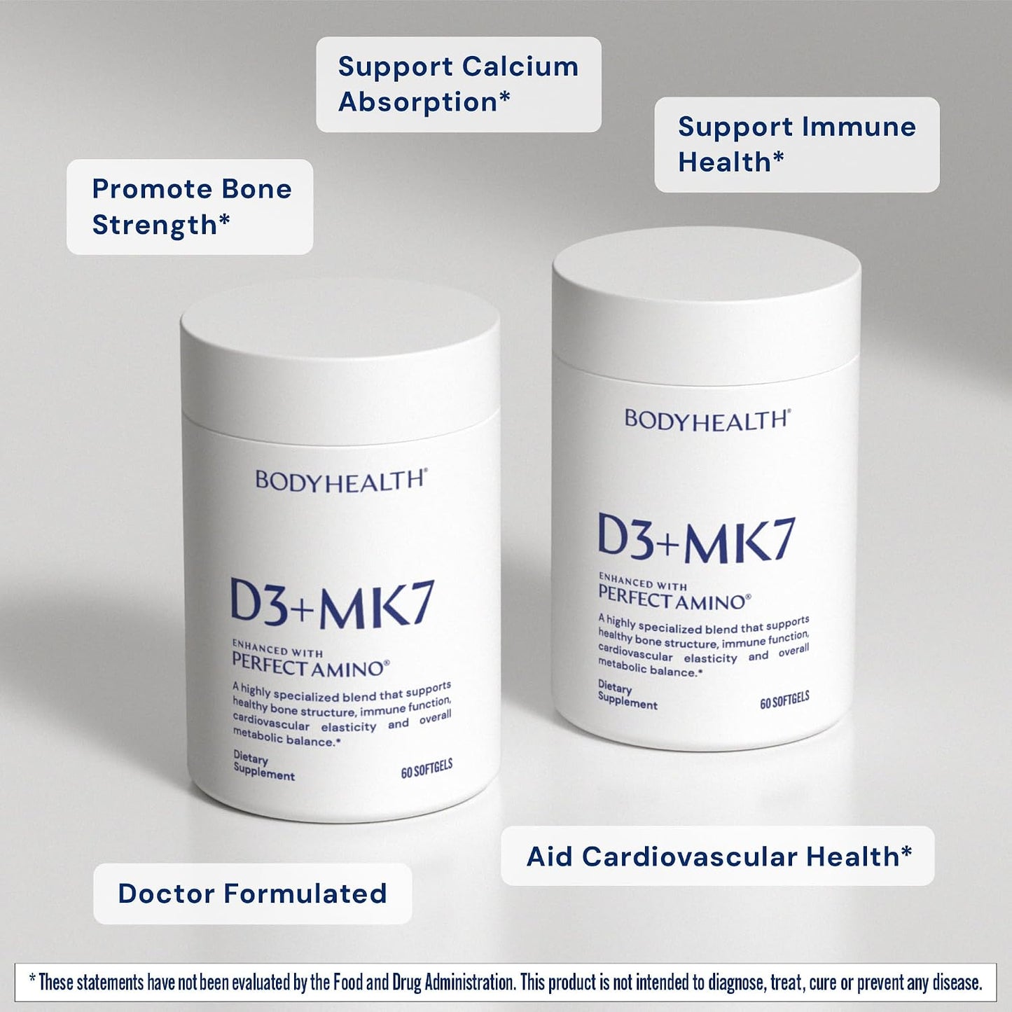 BodyHealth D3 + MK7 - Vitamin D3 5000IU, Vitamin K1, Vitamin K2 - Easy to Swallow Supplement, Supports Bone Strength & Calcium Absorbtion* - 60 Softgels